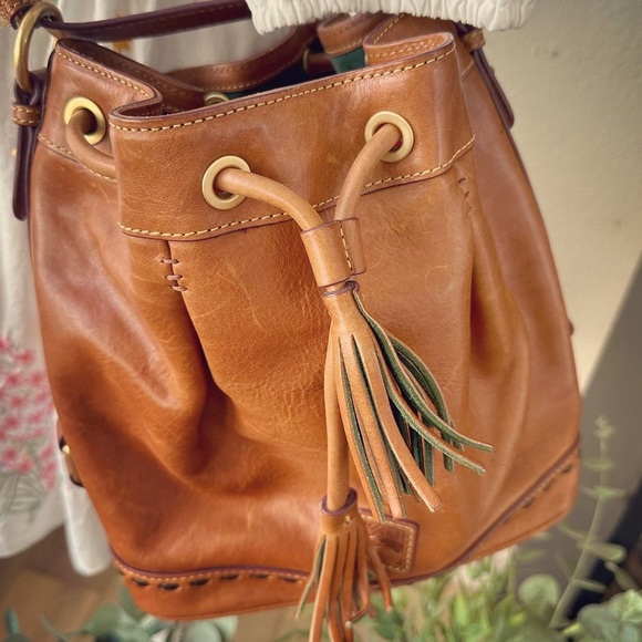 90's Classic Taupe Braided Drawstring Bucket Bag by Dooney & Burke